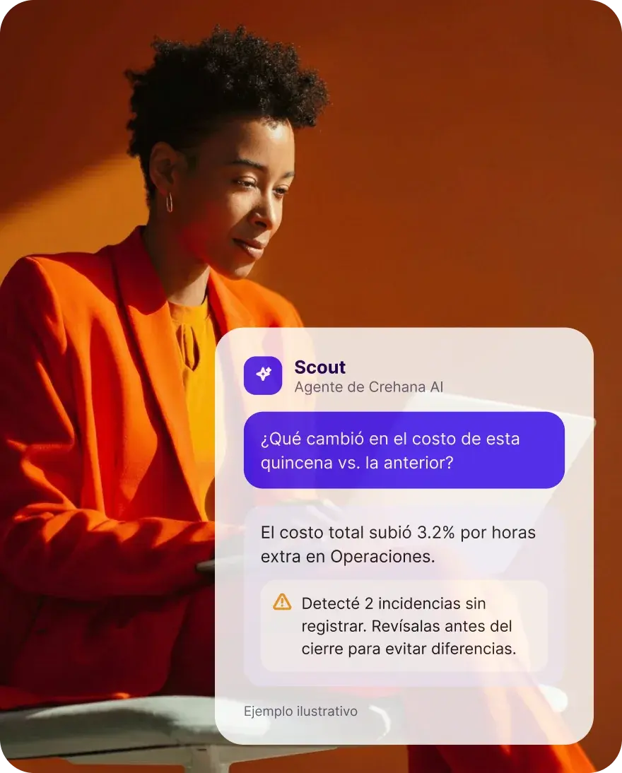 Scout, agente de Crehana AI, revisando variaciones de nómina