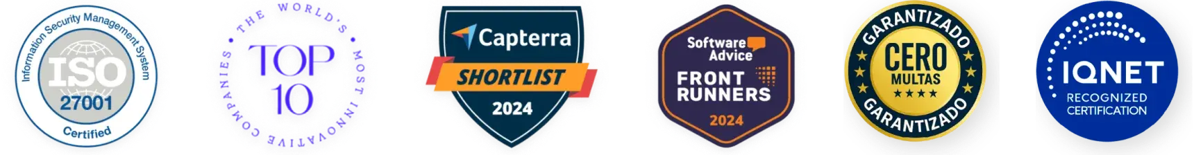 Certificaciones Crehana: ISO 27001 certificado IQNet, Top 10, Capterra, Software Advice y Cero Multas